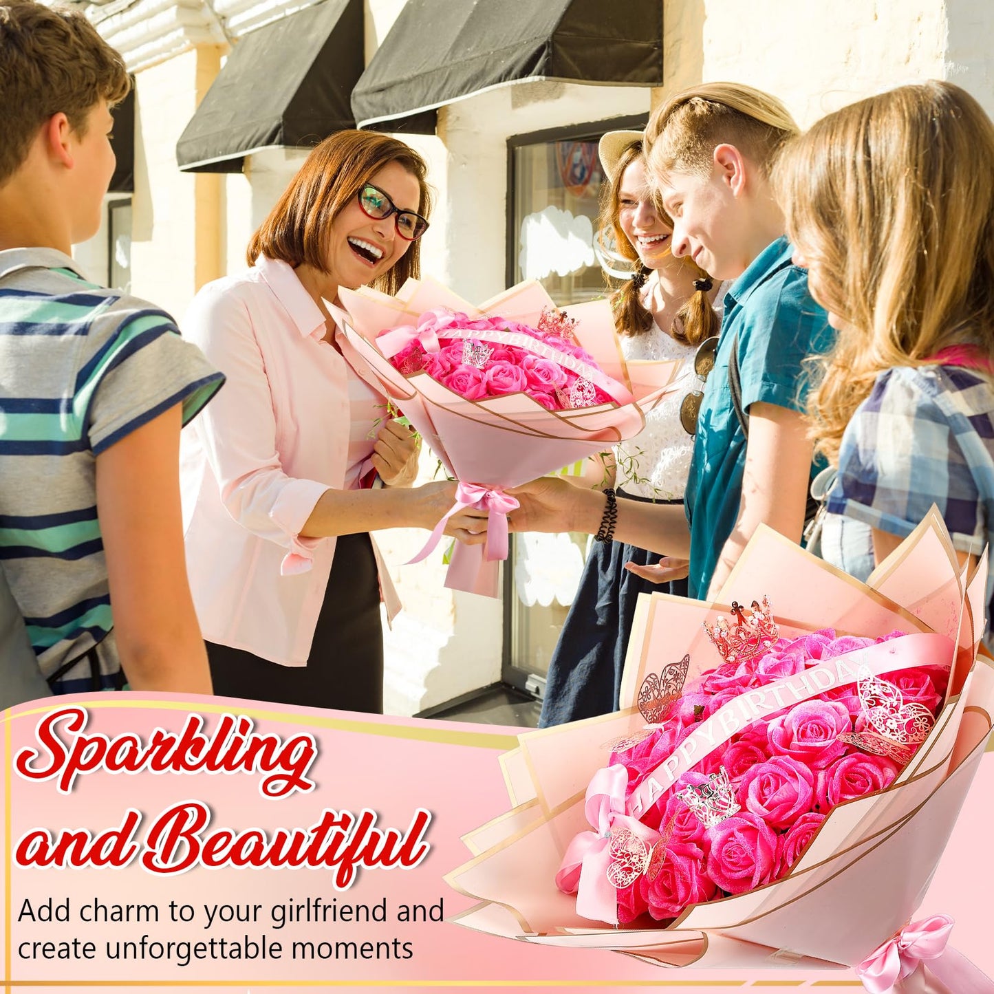 Thiccywoov Valentine Glitter Roses Bouquet (exclude Rose & Glue) DIY Roses with Glitter Powder Flower Wrapping Paper Letter Stickers Bags for Mothers Day Birthday Wedding Graduation Xmas Gifts(Pink)
