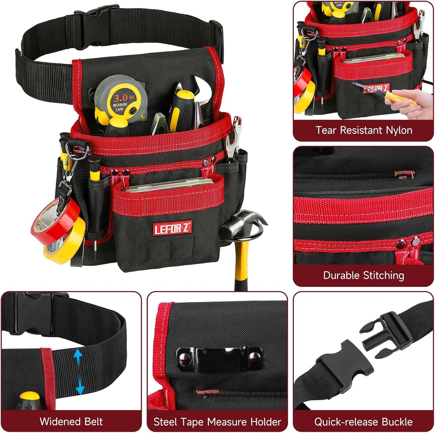 Tool Belt,Magnetic Tool Pouch,14-Pockets Tool Belts for Men,Detachable & Adjustable Tool Pouch Belt for Electrician,Carpenter,Construction,Work Apron,Utility Belt,Black-Red