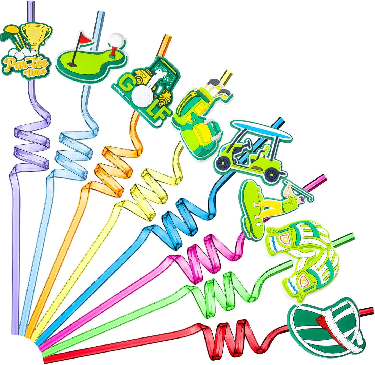 Eaasty 24 Pcs Golf Party Favors Twisty Golf Straws Par Tee Plastic Reusable Drinking Straws for Birthday Baby Shower Retirement Sport Themed Party Supplies, 8 Styles 8 Colors
