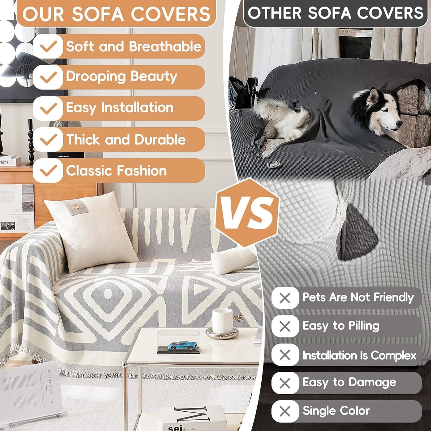 STACYPIK Durable Chenille Gray Beige Sofa Cover Boho Triangle Slipcover Furniture Protector Washable Armchair Couch Cover for 2 Cushion Couch Non-Slip Jacquard Sofa Protector Pet Friendly-71X90IN