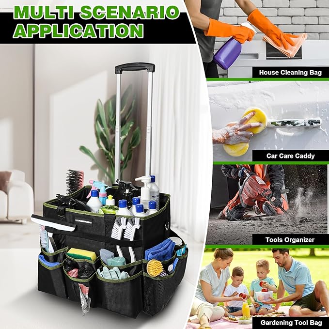 Large Rolling Cleaning Caddy Bag, Cleaning Caddy with Wheels with Detachable Trolley for Housekeepers, Water Resistant Cleaner Supplies Organizer with Wheels for Kitchen, Car, Picnic(Black-Green)