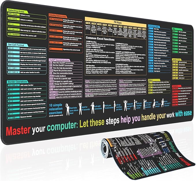 Excel Cheat Sheet Desk pad—Contains 9 Major Excel Function modules|Large XXL Size（35.45 * 15.75 inch）|Desk mat for Keyboard and Mouse|Work、Study、Gaming Mouse pad|Waterproof、Anti-Slip Large Mouse