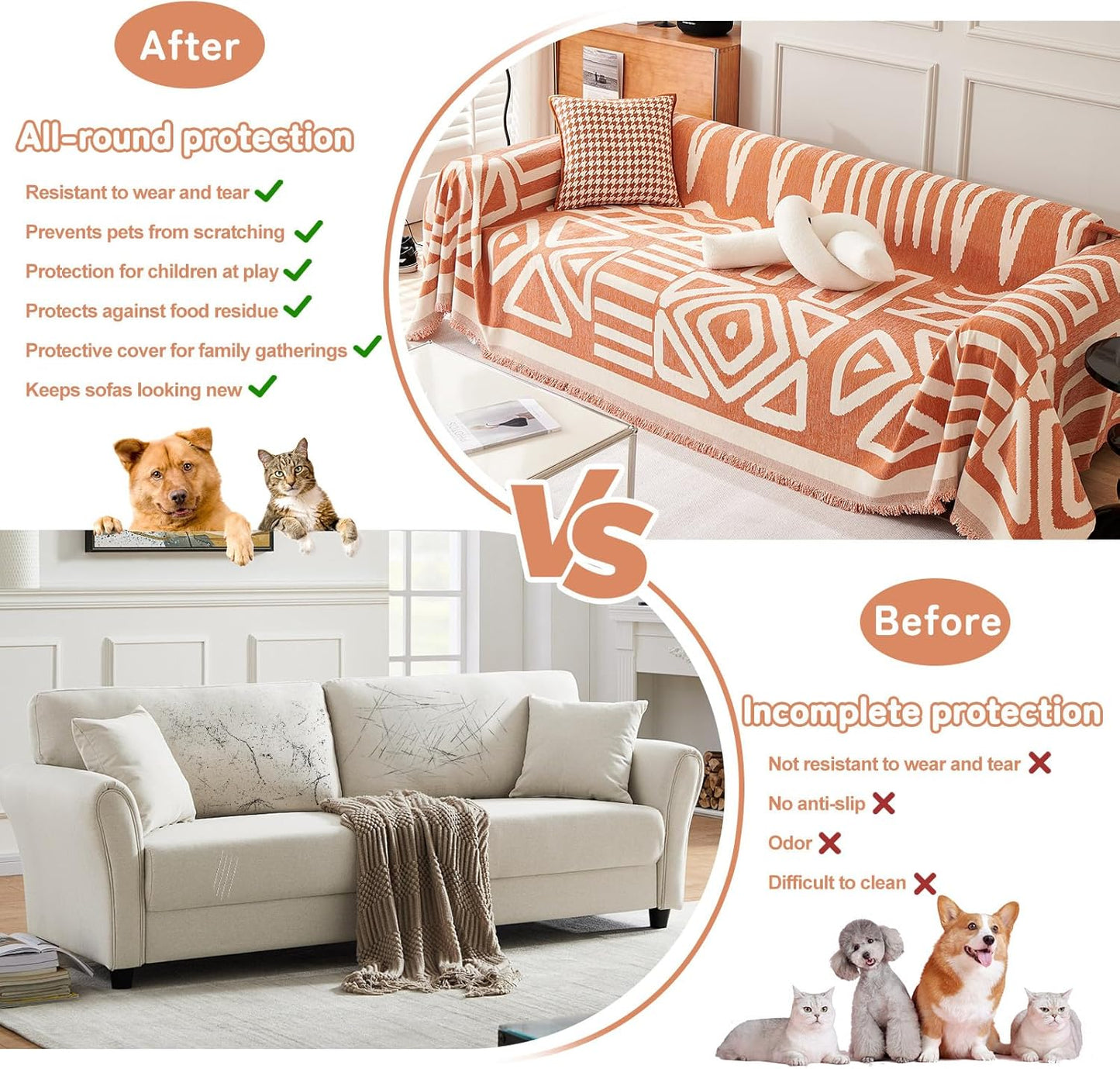 HANDONTIME Orange Sofa Covers for Couch Loveseat Soft Chenille Cover Dogs Washable Furniture Protector with Tassel Solid Pet Thick, 71/'' X118/'', Tassel:orange, Large:71/''x 118/''