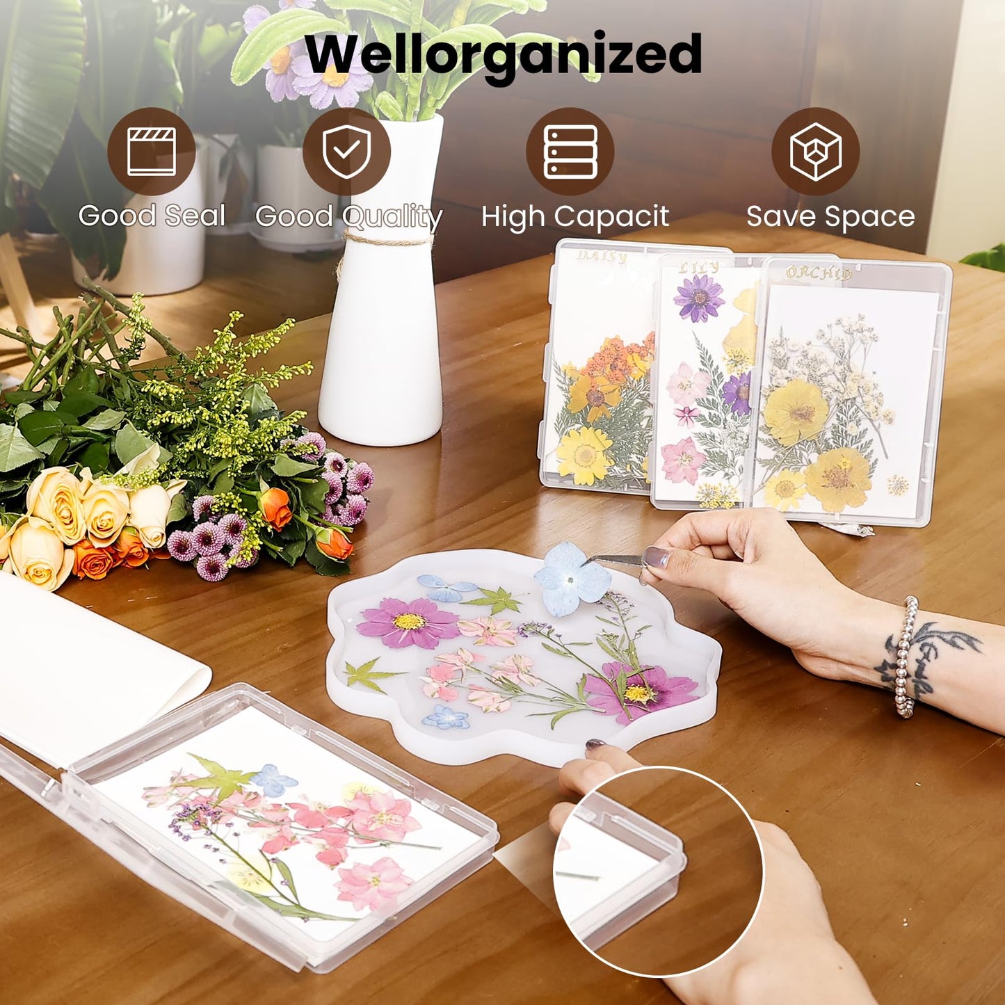 Aboofx 4PCS Dried Flower Storage Set with Blotting Paper, Ziplock Bag and Desiccant, Flower Preservation Kit - Good Seal, High Capacity to Keep Flowers Color and Dry (6.3 x 4.3 inch)