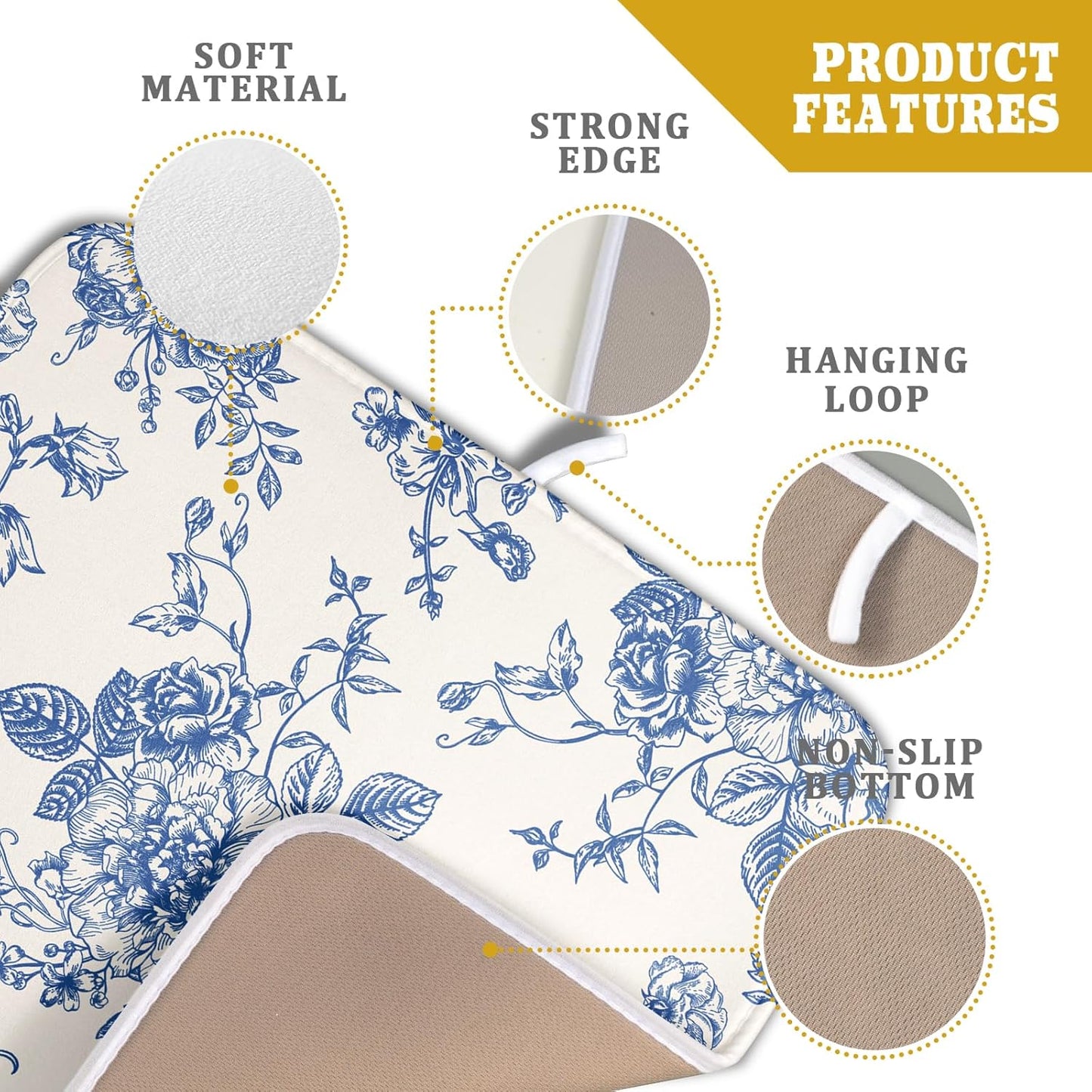 Vintage Blue Floral Dish Drying Mat for Kitchen Counter 16x18 Inch Chinoiserie Flowers Absorbent Reversible Microfiber Dish Pad Dish Drainer Rack Mats Countertops Protector Mat