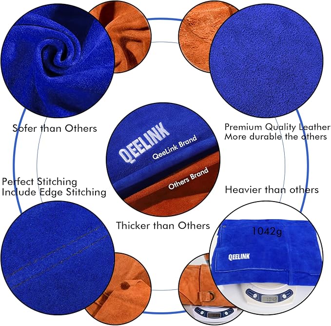 QeeLink Leather Welding Work Apron with 6 Tool Pockets, Heat & Flame Resistant Welder Aprons, 24" x 36", Adjustable M to XXXL