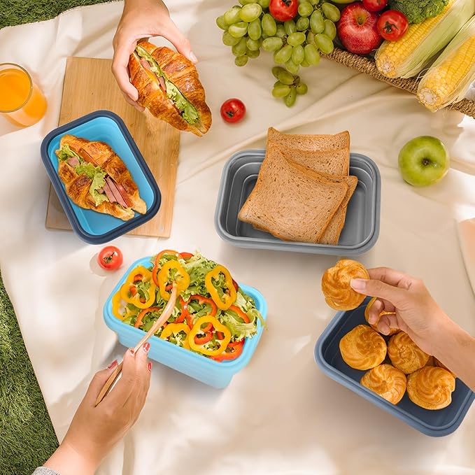 Collapsible Silicone Food Storage Containers with Lids, Collapsible Food Storage Containers, Camping Dishes, 4 Pack Foldable Lunch Box for Leftovers, Meals, Snacks, Dark Blue