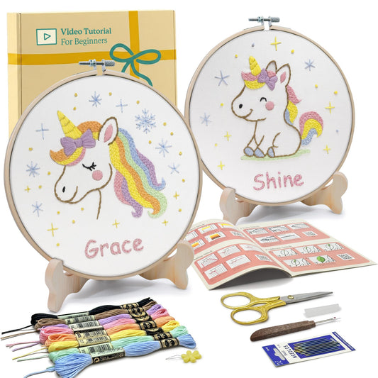 Bradove Embroidery Kit for Kids and Adults, Unicorns Embroidery Kit for Beginners, Easy Needlepoint Starter Kit with 2 Display Stands