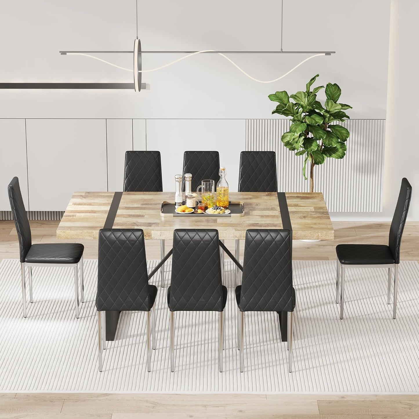JT Modern Minimalist Dining Chair Fireproof Leather Sprayed Metal Pipe Diamond Grid Pattern Restaurant Home Conference Chair Set of 4 Or 6 (8, Black)