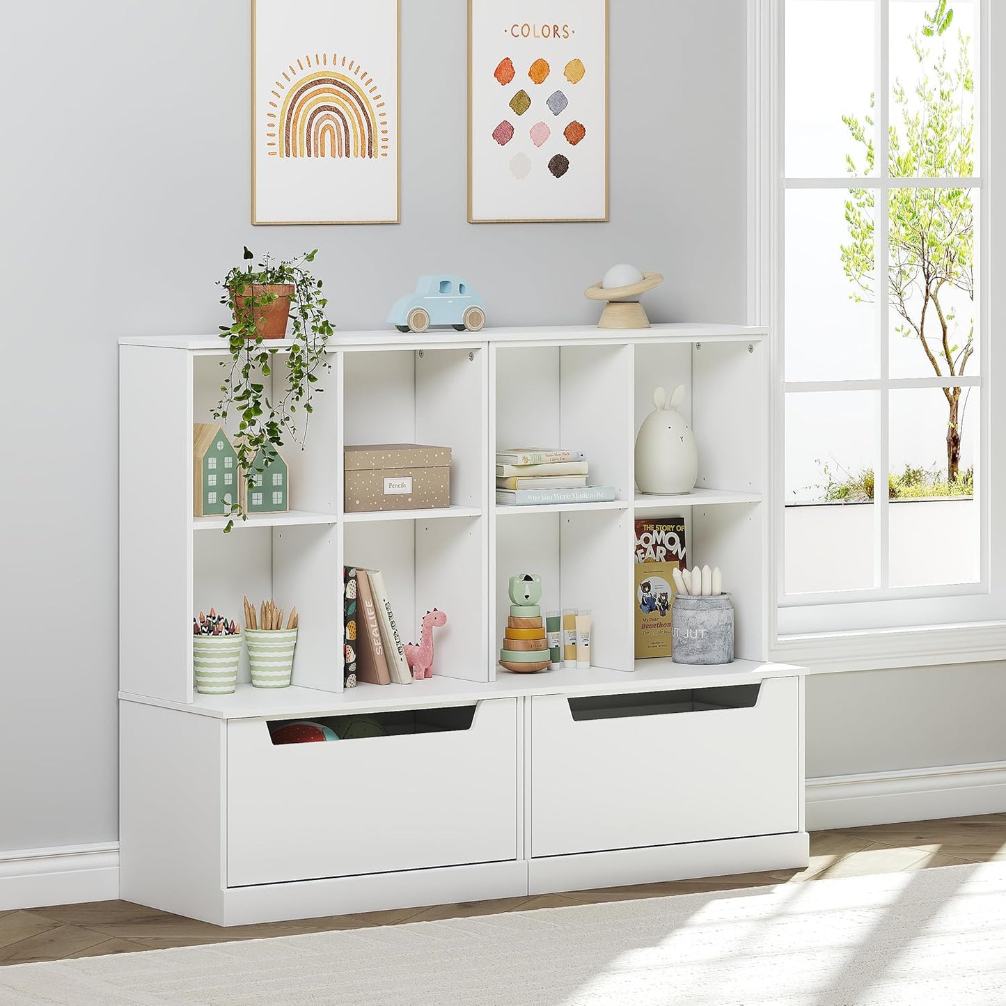 UTEX Kids Bookshelf and Toy Storage Organizer, Toddlers Bookcase with Cubbies, Adjustable Wood Shelf with Drawer for Bedroom, Playroom, Nursery, White