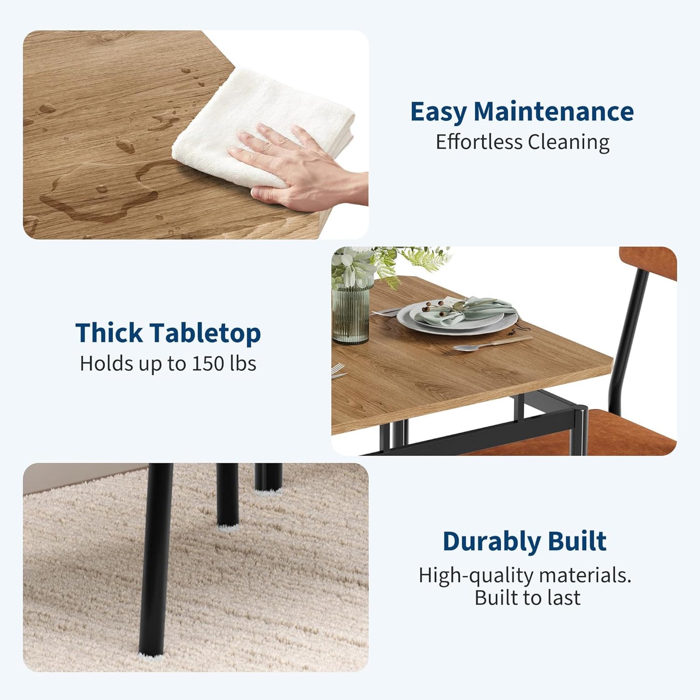 IDEALHOUSE 3 Piece Dining Room Table Set, Kitchen Table Set for 2 with Brown Wooden Grain Kitchen Table and 2 PU Upholstered Metal Chairs, Dining Room Set for Small Space,Home Dinner(2 Brown Chairs)