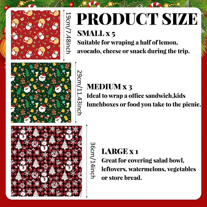 Ctosree 9 Pack Christmas Beeswax Wraps for Food 14.17" 11.42" 7.48" Reusable Beeswax Storage Wrap Bread Sandwich Wrapper for Christmas Kitchen Storage Bowl Covers