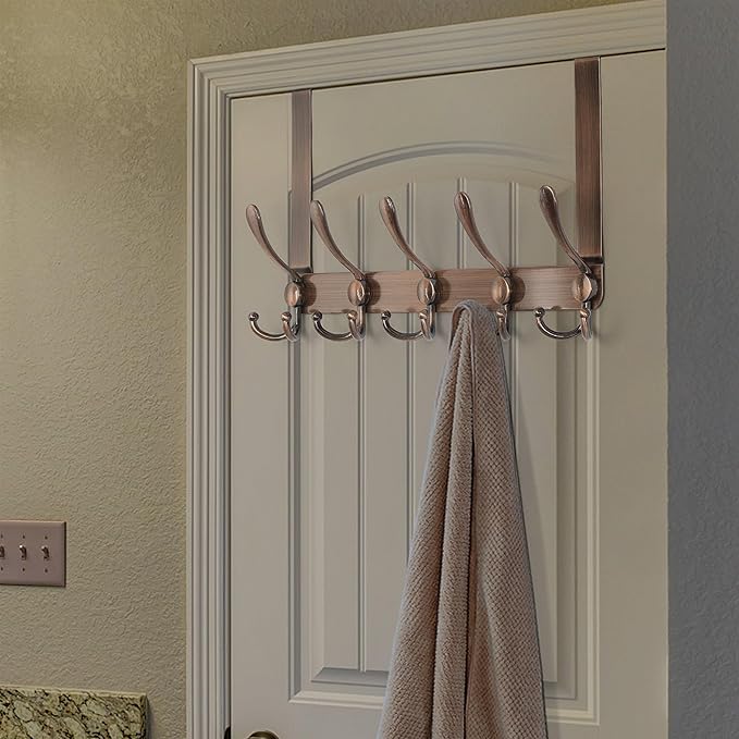 Dseap Over The Door Hook Hanger - 5 Tri Hooks, Heavy Duty Over The Door Towel Rack Coat Rack for Clothes Hat Towel,Red Antique Copper