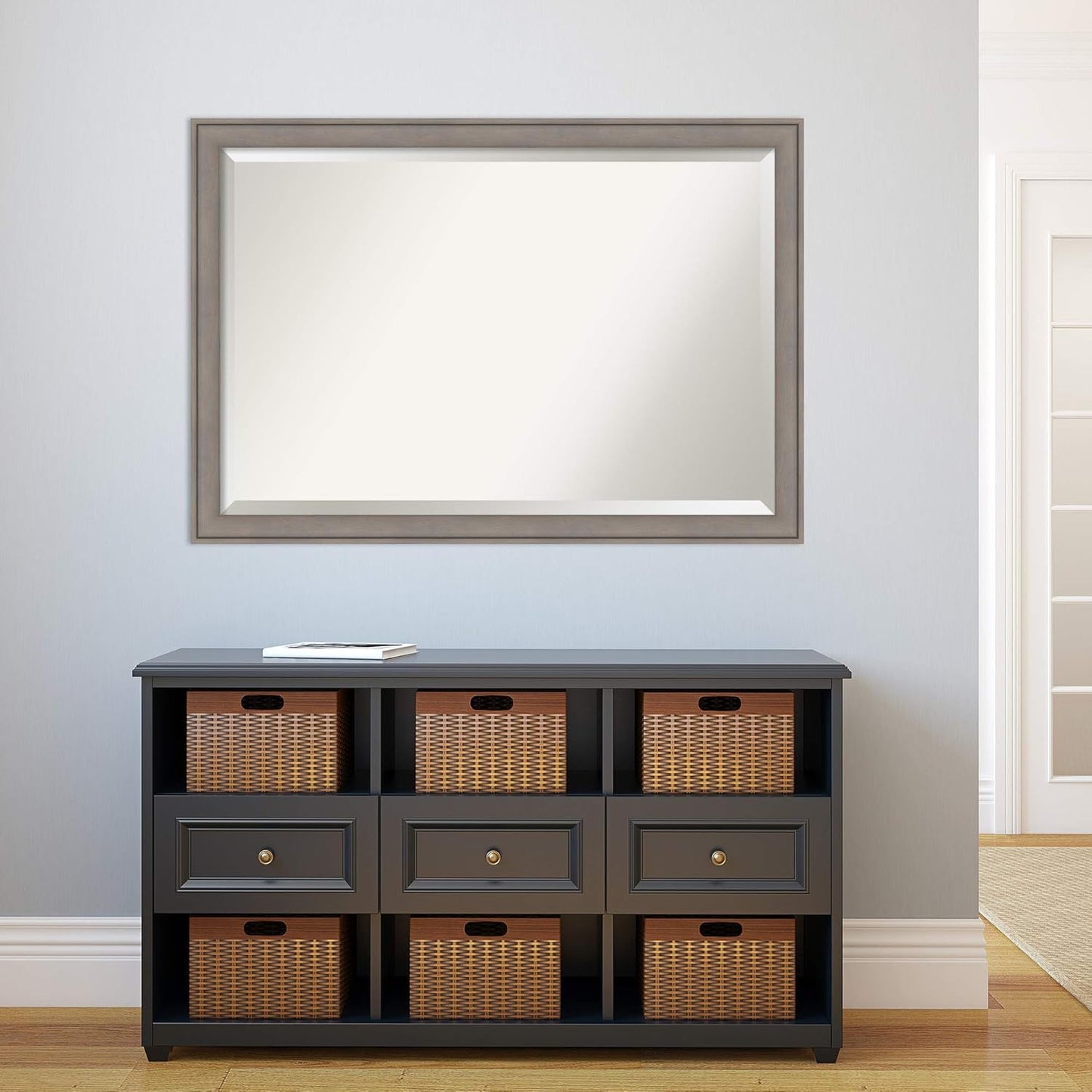 Amanti Art Grey Wall Mirror 28x40 Greywash Rectangle Bathroom Mirror for Wall Decor Living Room, Large Country Rustic Wood Frame, Hangs Horizonally and Vertically, Bathroom Decor, Beveled Edge