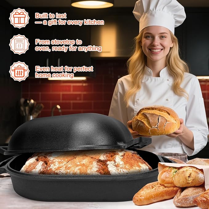 QuliMetal 16"x10" Oval Cast Iron Dutch Oven for Bread Baking, Bread Loaf Pan With Sourdough Bread Making Kit, Pre-Seasoned Bread Dutch Oven With Lid, 9.5QT, 13 LBS Heavy Duty, Homemade Breadmaking