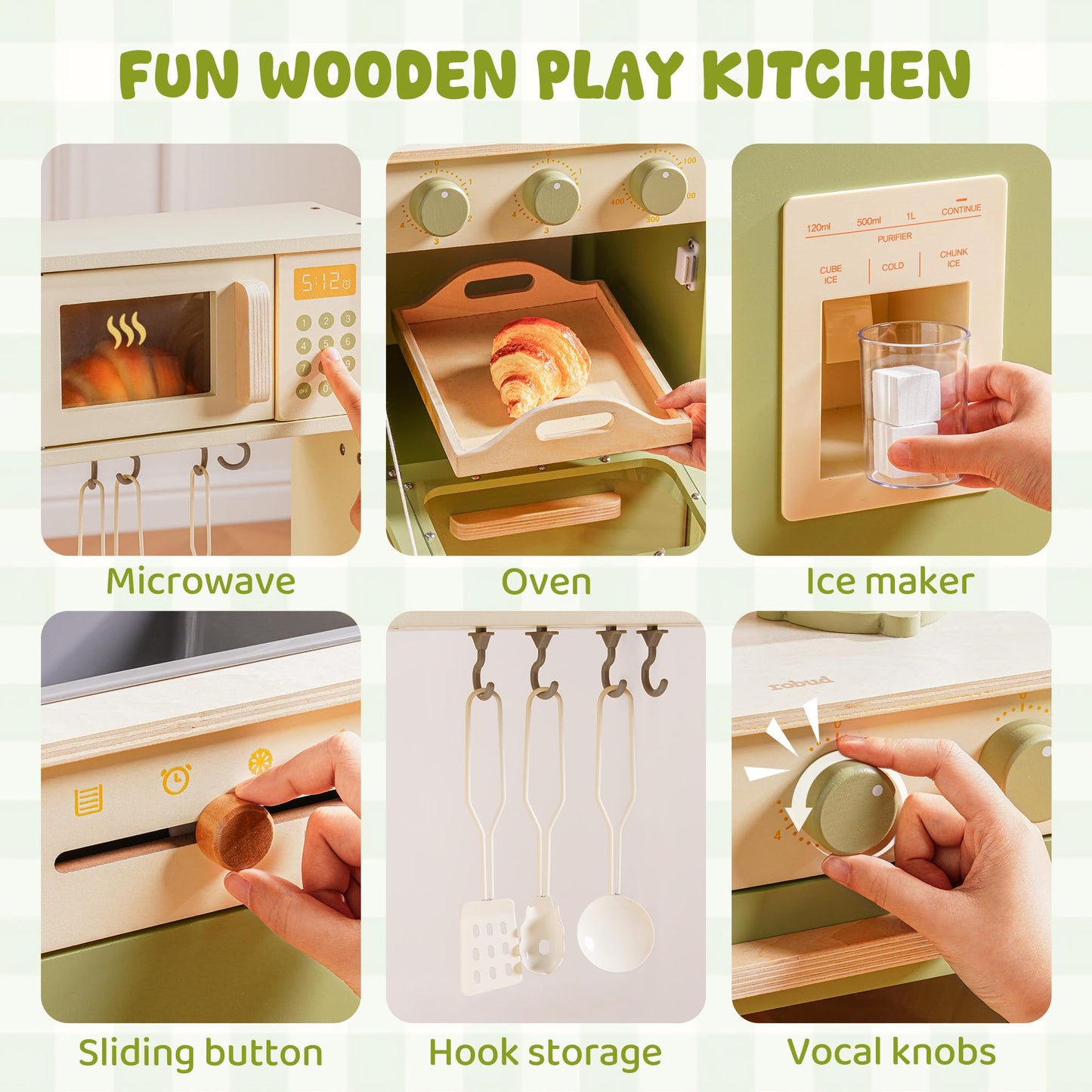 ROBUD Wooden Play Kitchen Set, Pretend Play Kitchen for Kids, Toy Kitchen with Microwave, Sink, Stove and Ice Maker, Toddlers Kitchen Playset Gift for Boys Girls, 3+ (Green)