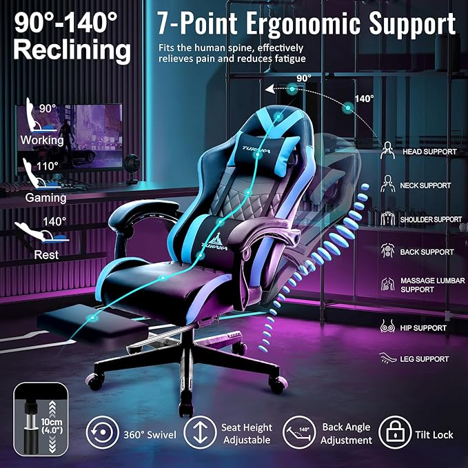 Gaming Chair,Ergonomic Massage Computer Office Desk Chair with Footrest,Pocket Spring Cushion,Reclining Leather Adjustable Gamer Chair with Headrest and Lumbar Support,Blue