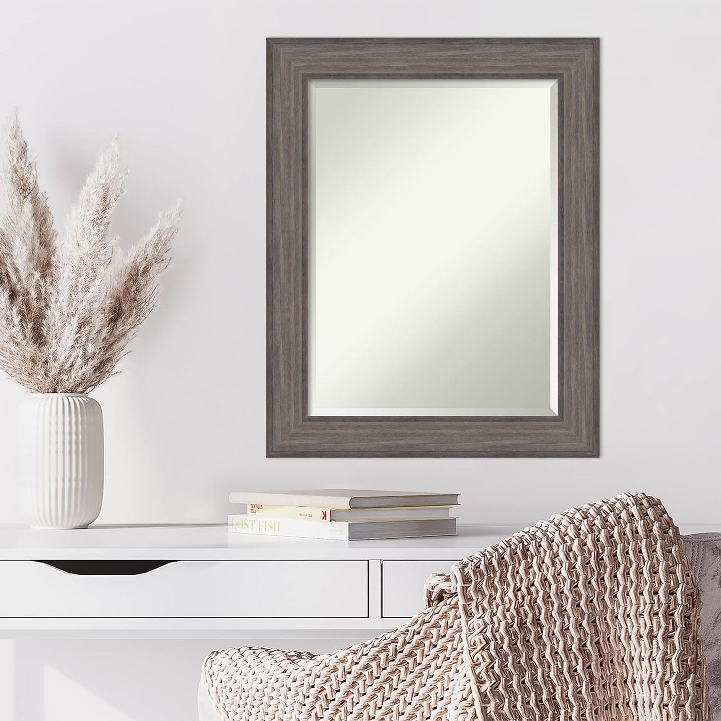 Amanti Art Grey Wall Mirror 29x23 Country Barnwood Rectangle Bathroom Mirror for Wall Decor Living Room, Medium Rustic Farmhouse Wood Frame, Hangs Horizonally and Vertically, Bathroom Decor, Beveled