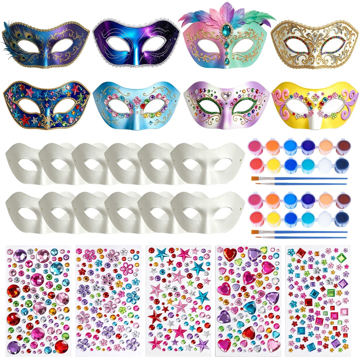 Blurap 27 Pcs Paper Mache Mask Kit, DIY Half Face White Masquerade Mask with Watercolor and Gem Stickers, Bulk Mardi Gras Masks for Women Man Masquerade Party Halloween Cosplay Costume