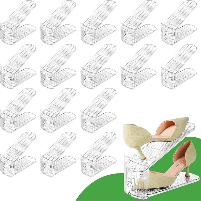 Shoe Slots Organizer, Clear Shoe Stacker for Closet Adjustable Shoe Rack Storage Space Saver,Shoes Display Shelf Shoe Holder for Organization,16 Pack