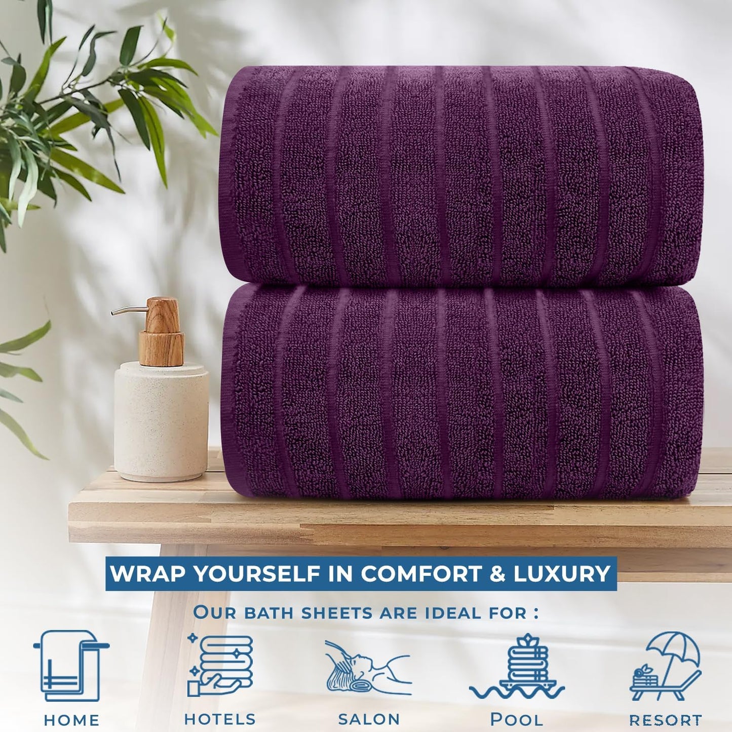 Dan River Pack of 2 Bath Sheet 35x70 Inches, Oversized Ribbed Quick Dry Towel, Soft Luxury Towels for Bathroom - Purple Passion