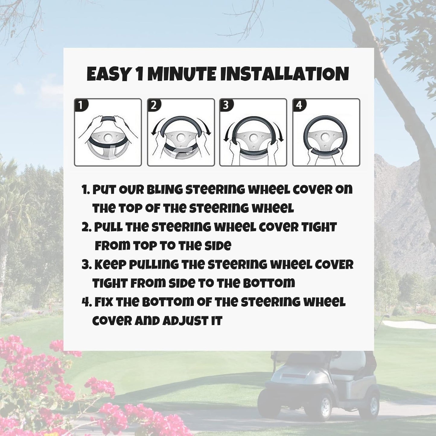 Universal Colorful Bling Crystal Diamond Rhinestones Golf Cart Steering Wheel Cover fits Club Car, Yahama, EZGO, Anti Slip Cover Easy to Install, Great Gifts for Golfer Women Womens (Blue Diamond)