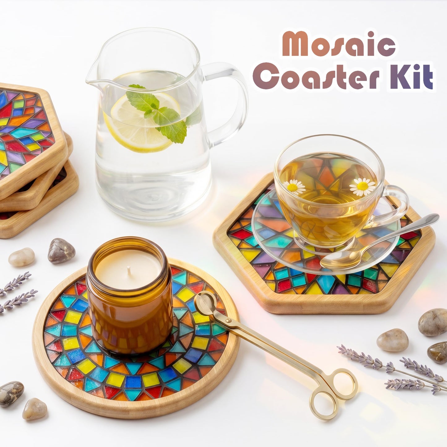 Nuyoach DIY Mosaic Tiles Crafts Kits for Adults, Mixed Stained Glass Mosaic Kit with 2 PCS Wooden Coaster Making Materials Package,Mosaic Adult Crafts for Women Beginners Handmade Home Decor Gifts