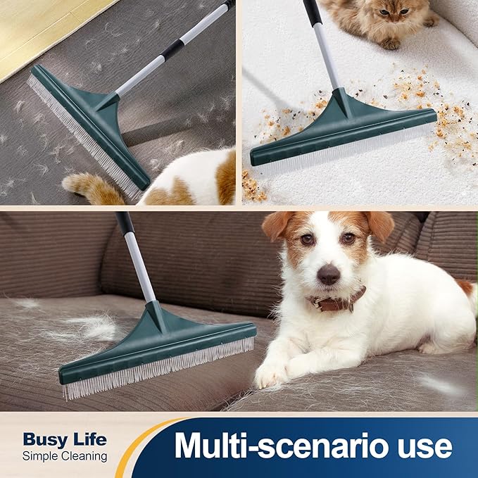 Yocada Carpet Rake for Pet Hair Removal Reusable Pet Hair Remover Telescopic Carpet Scraper Sweeper Cat Dog Hair Remover Rake Brush for Rugs Mats 56.69"