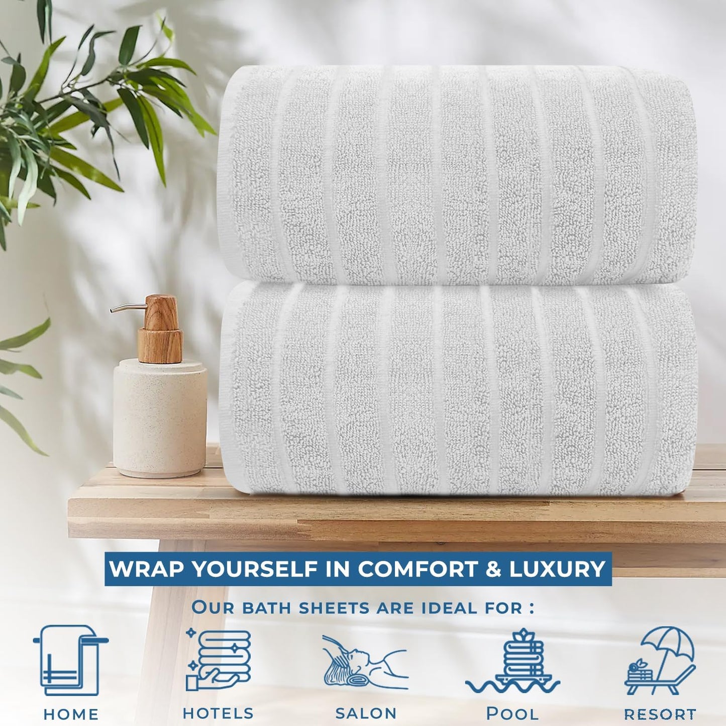 DAN RIVER Pack of 2 Bath Sheet 35x70 Inches, Super Soft Quick Dry Ribbed Cotton Towels, Luxury Oversized White Bath Towels