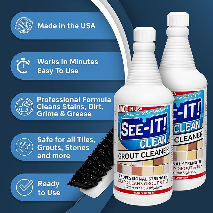 Grout & Tile Deep Cleaner Brightener & Heavy-Duty Stain Remover Acid-Free Safe for Ceramic, Porcelain, Marble, Stone - Two 32 fl. oz. Bottles with Floor Cleaning Brush