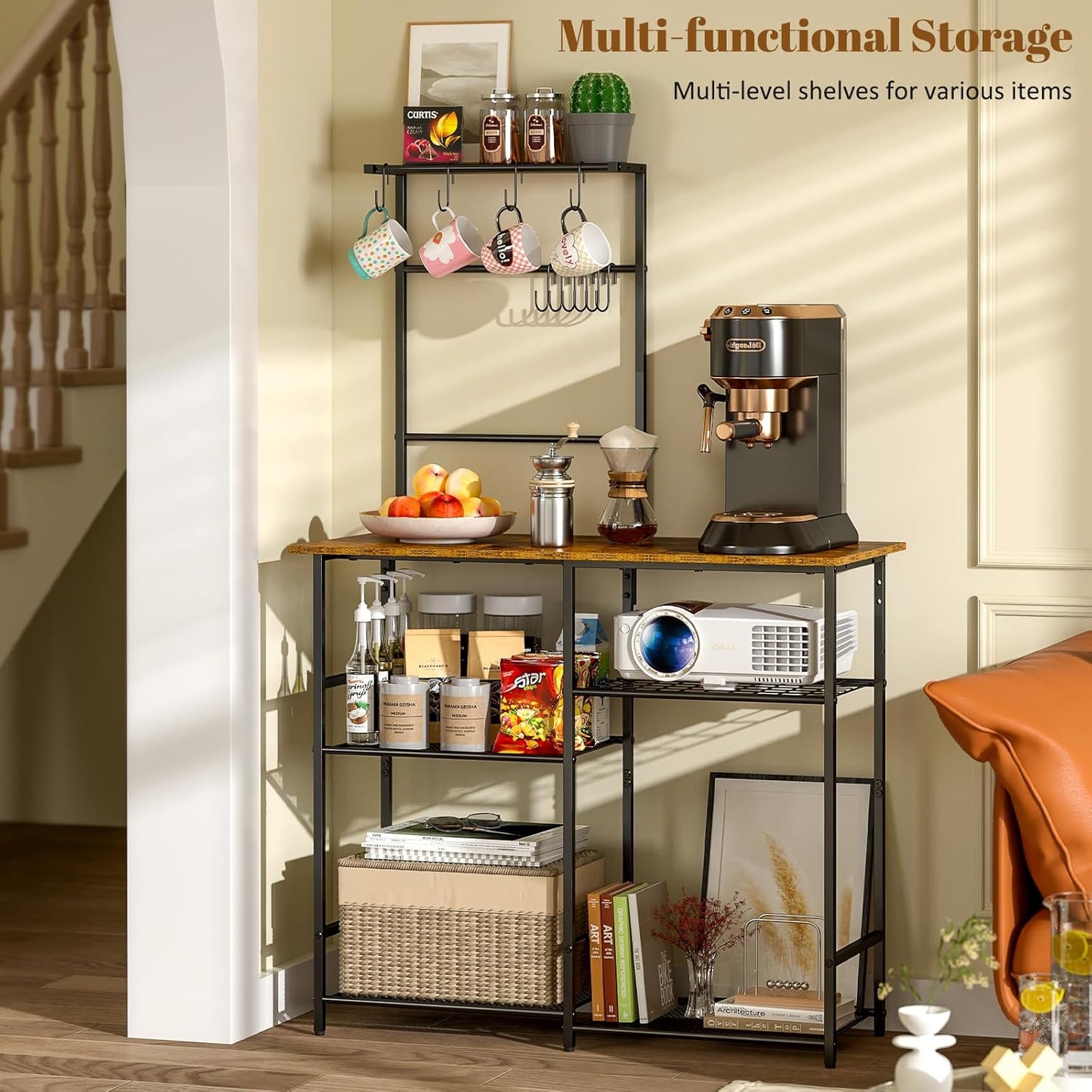 Baker's Rack for Kitchen with Storage, Microwave Stand with Adjustable Shelves and 10 S Hooks, 6-Tier Coffee Bar Station, Kitchen Shelves for Spices, Pots, Rustic Brown