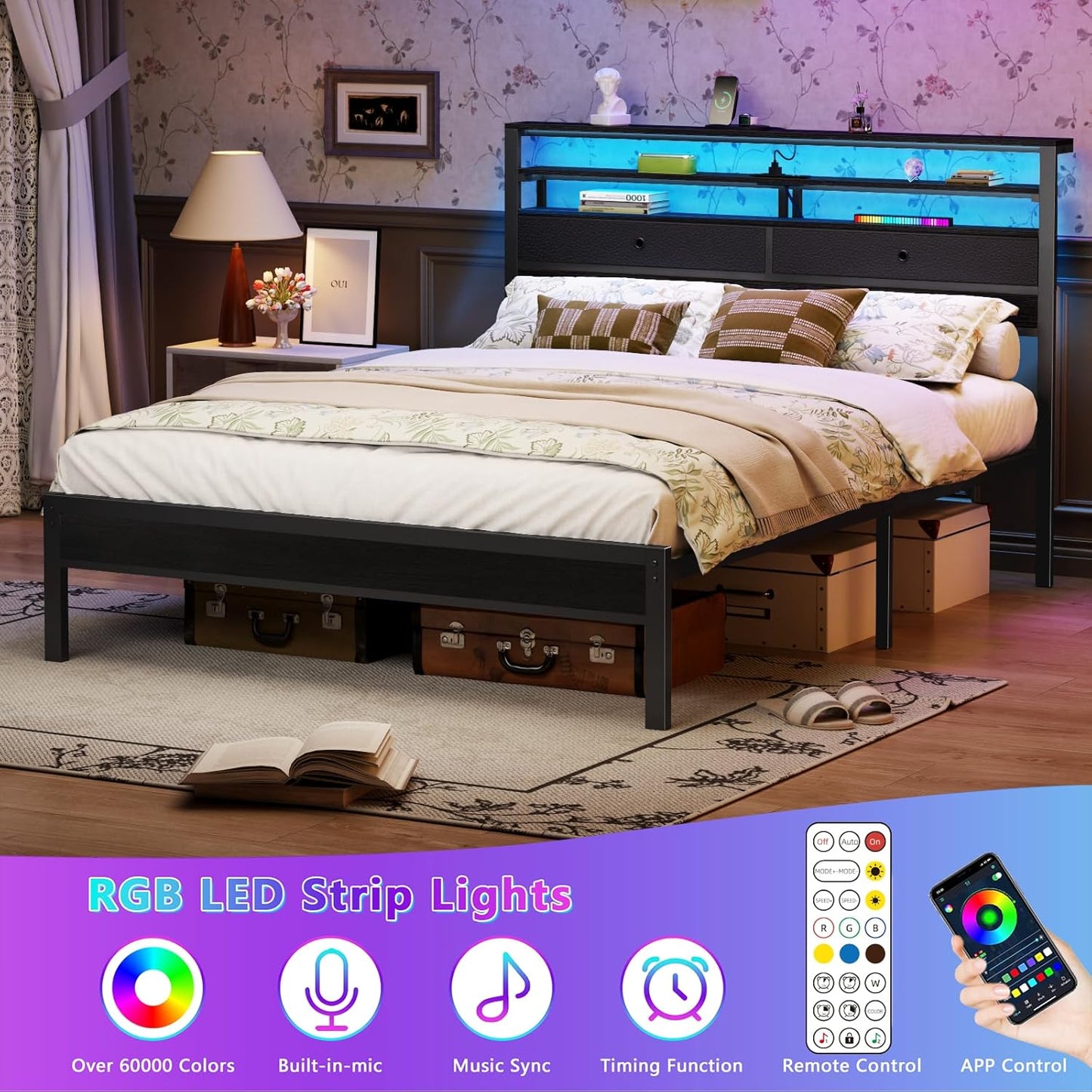 Furnulem Queen Bed Frame with Headboard & 2 Fabric Drawers, Bed Frame Queen Size Featuring LED Lights, Built-in Charging Station & Storage Shelves, Metal Slats, No Box Spring Needed – Black Oak