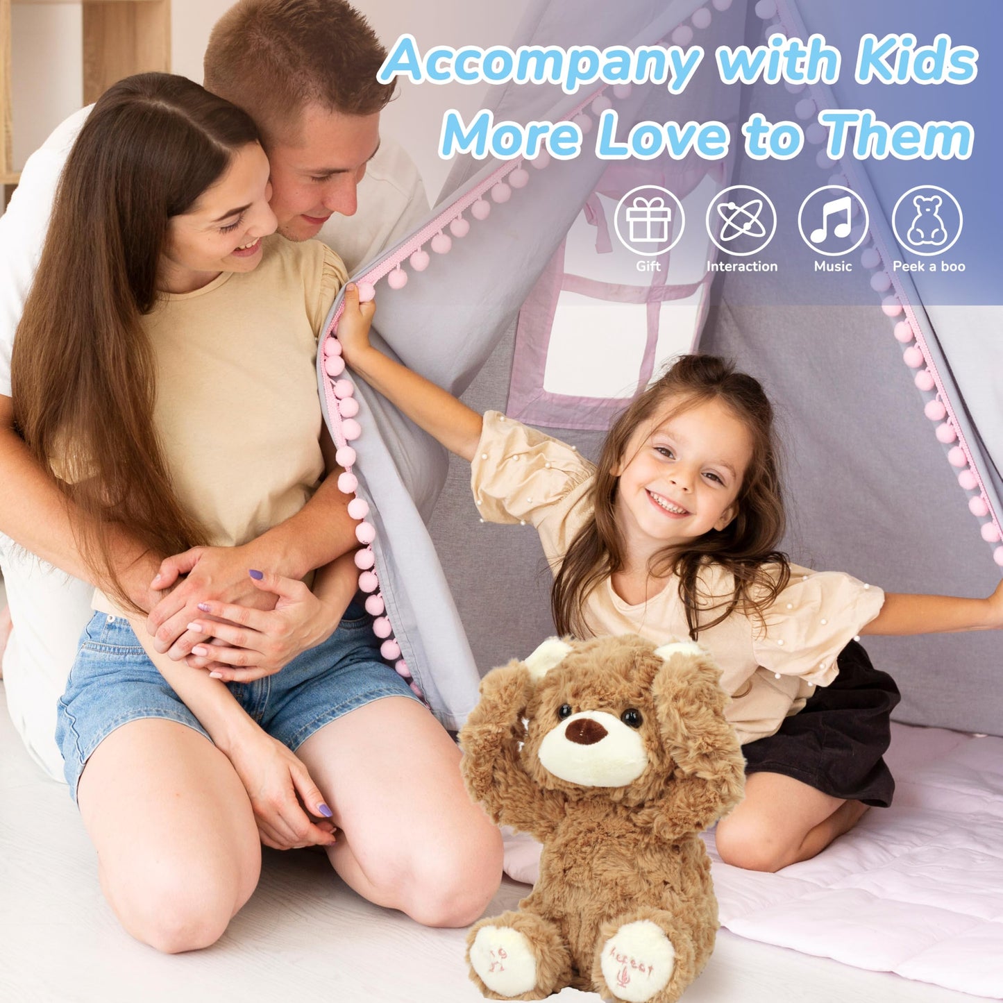 Hopearl Peek A Boo Bear Interactive Repeats What You Say Plush Teddy Bear Toy Musical Singing Talking Stuffed Animal Adorable Electric Animate Gift for Toddlers, Brown, 11''