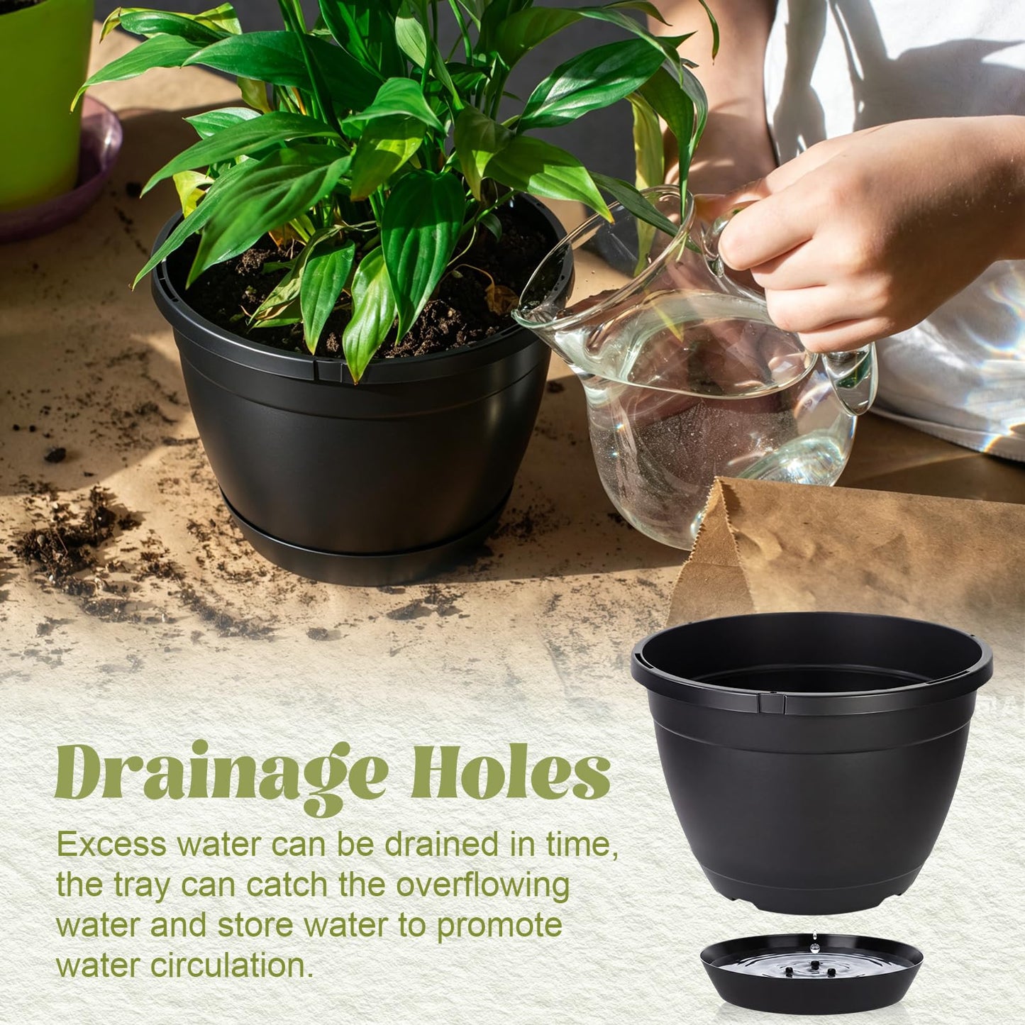 Roshtia 50 Pcs 6.3 Inch Plastic Hanging Pots for Plants Bulk with Hooks Hanging Basket Planters Pots Drainage Tray Nursery Planter Holder for Outdoor Indoor Plants Flowers Garden Balcony Porch Black