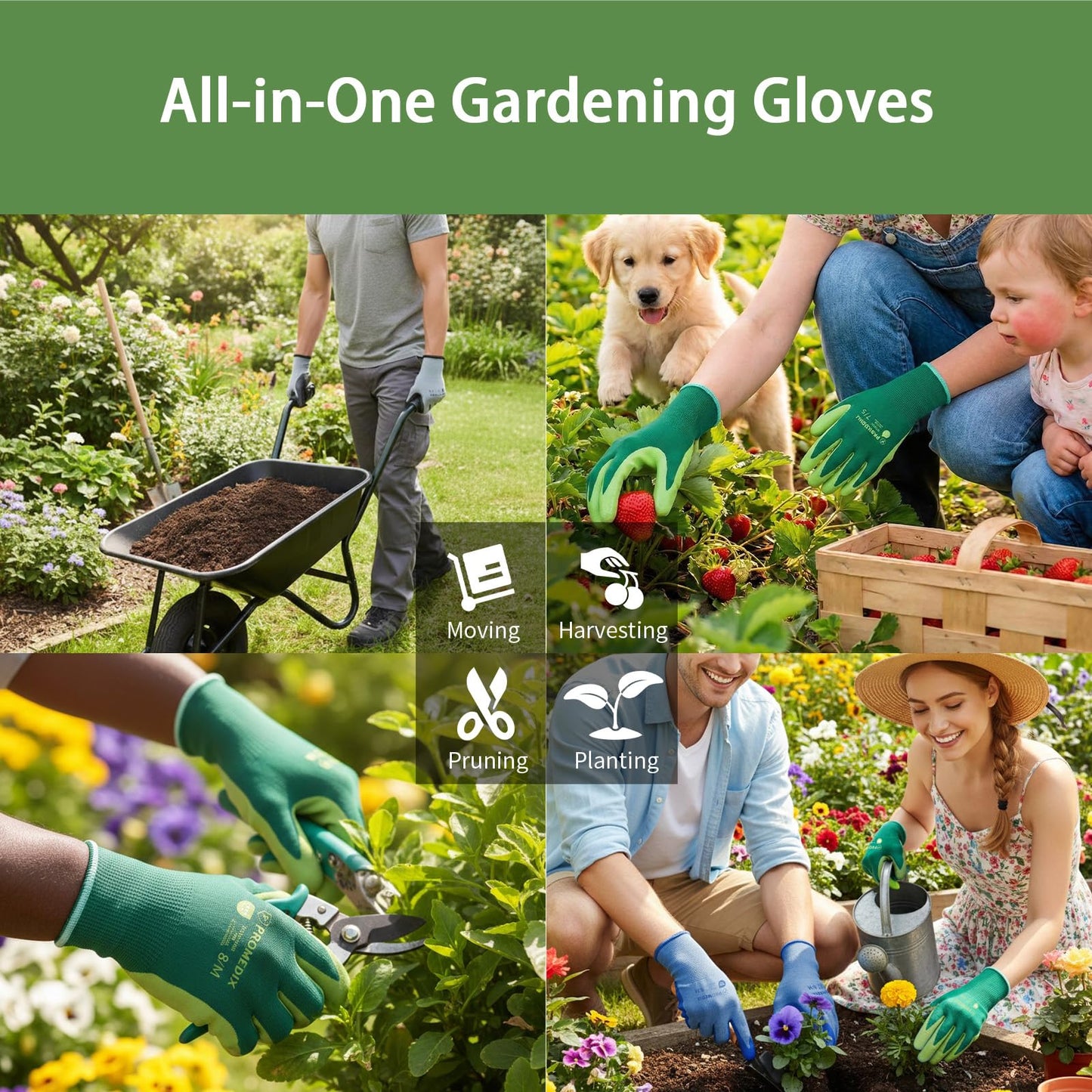 PROMEDIX P 4 Pairs Gardening Gloves for Women & Men, Breathable Nitrile Coated for Yard Working, Garden Gloves Easy to Clean Washable with Non-Slip Grip multi,L