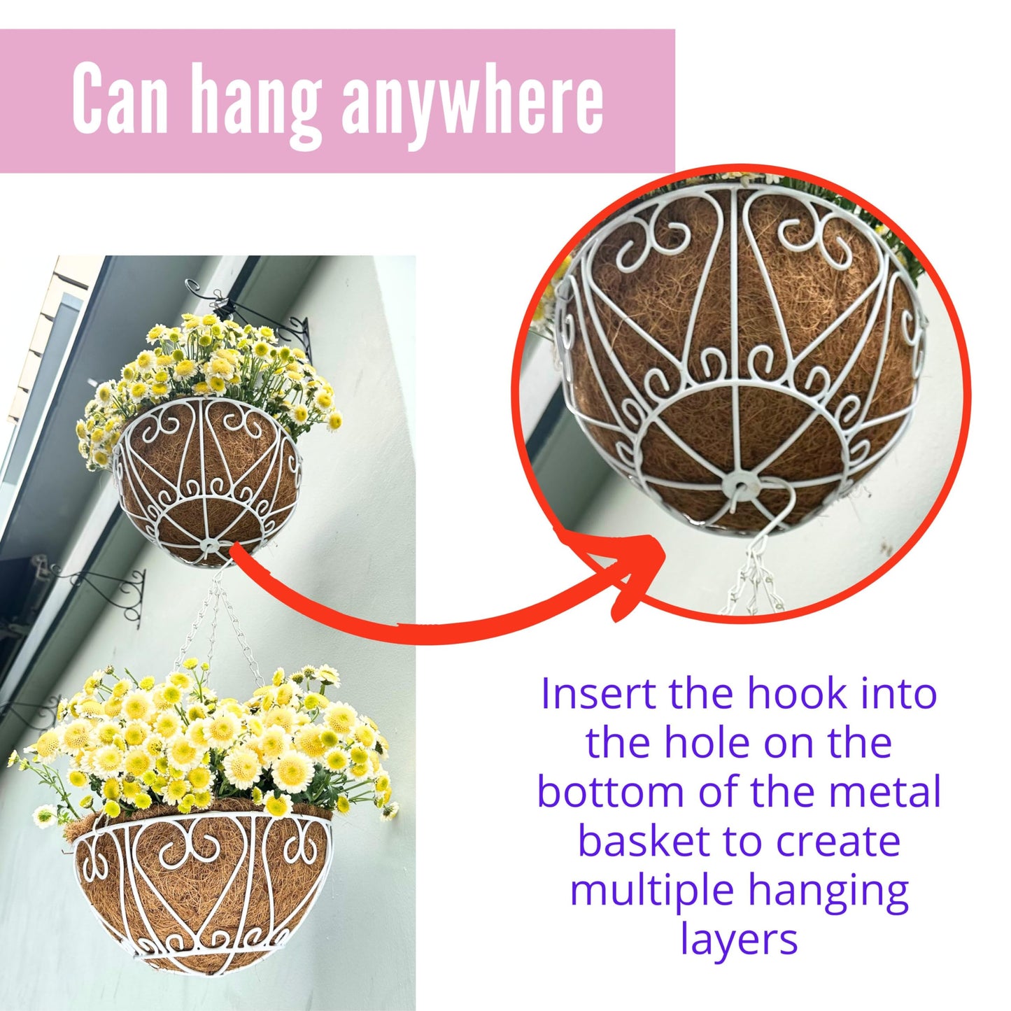LaLaGreen Hanging Baskets for Plants (4 Pack, 16 Inch) Extra Large Hanging Flower Pot with Coco Liner White Metal Wire Round Plant Holder with Hanger Hook Chain Outdoor Patio Deck Balcony Garden Decor
