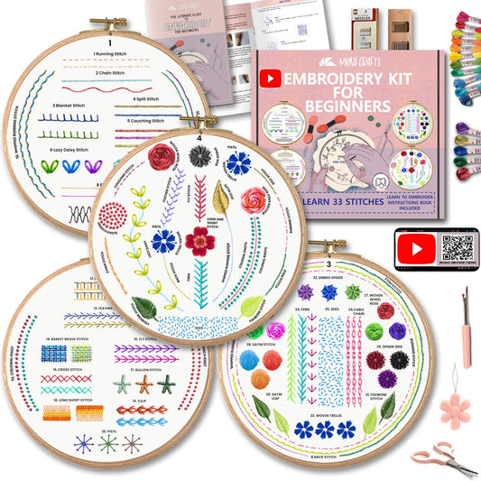 Moni Crafts Embroidery Kit for Beginners – DIY Hand Embroidery Set for Adults with 4 Stamped Patterns, Hoop, Threads, Needles and Step-by-Step Stitch Guide to Learn 33 Stitches