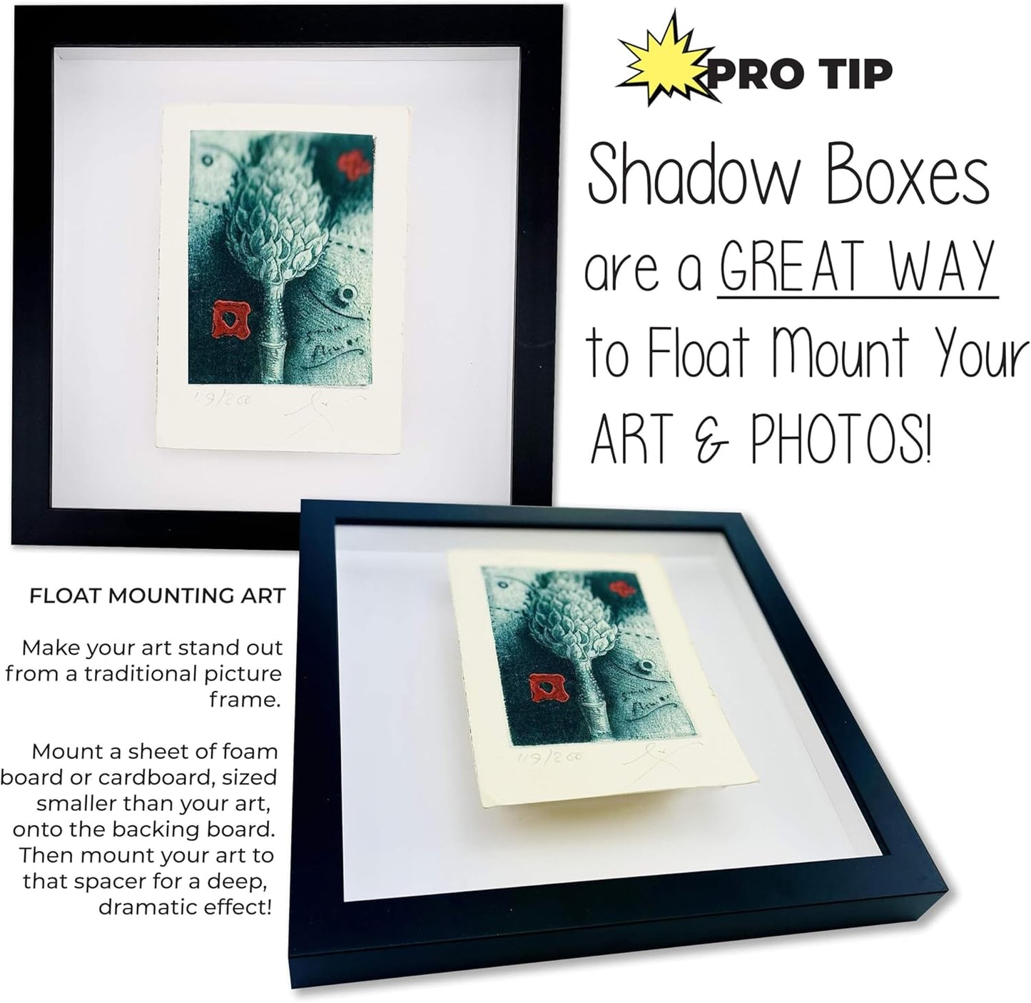 8x11 Shadow Box Black Solid Wood Display Frame with White Acid-Free Backing UV Acrylic & Hanging Hardware - with 3/4" Usable Depth