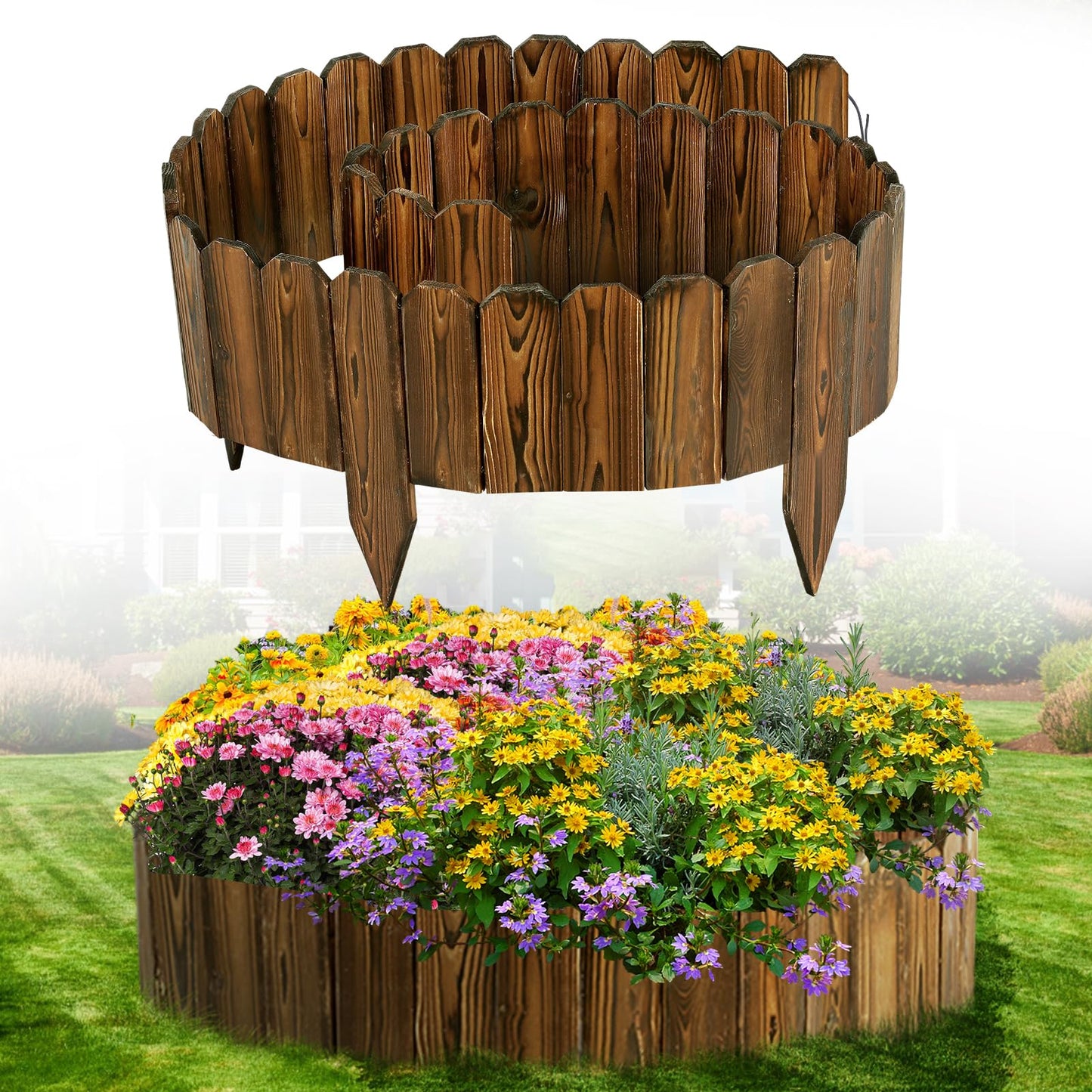 Wooden Garden Edging - 11.8ft x 8in Weather-Resistant Pine Landscape Border Fence for Outdoor Patio Lawns Yard Flower Beds Decoration