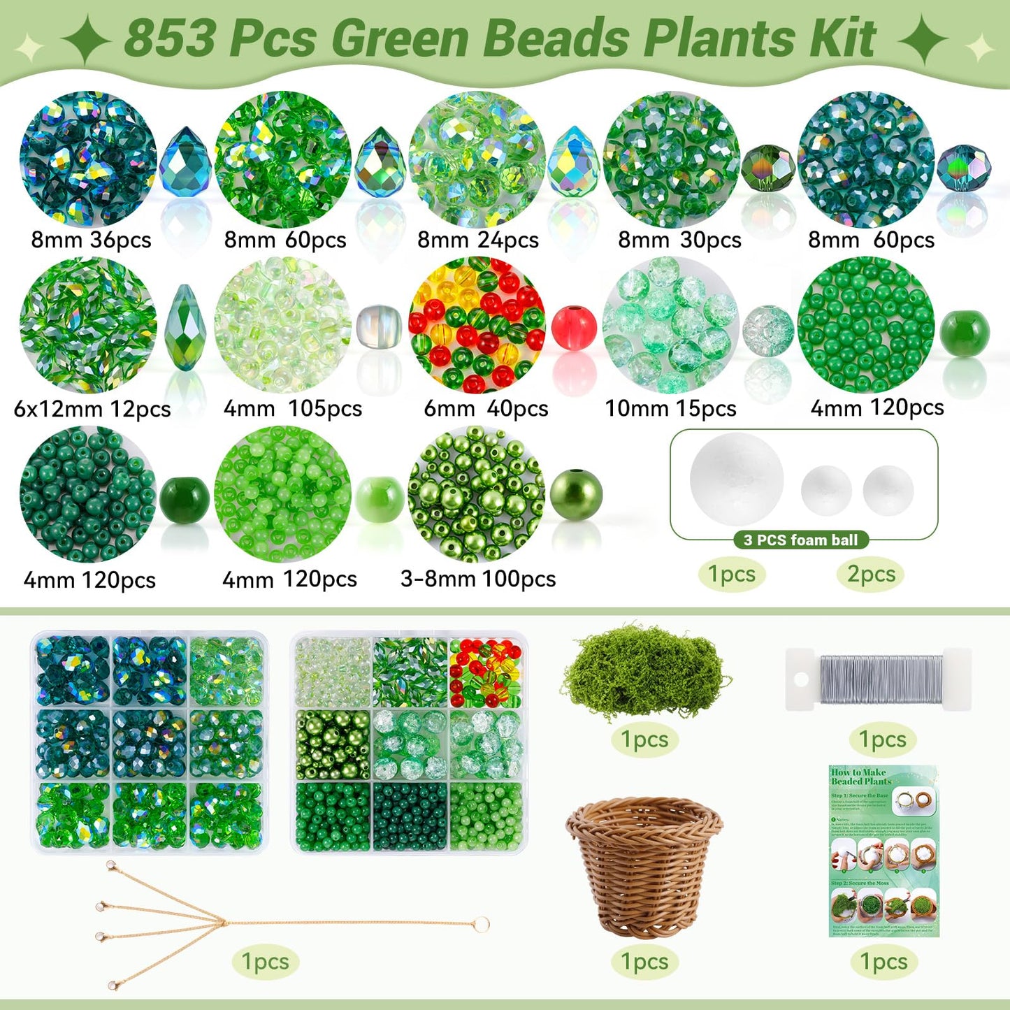 Wurosi 853 PCS Green Beaded Plant Kit with Rattan Basket, Green Beads for Beaded Plants with Hanging Chain and Video Manual, Forever Plant Beaded Making Kit for Jewelry Making and DIY Crafts