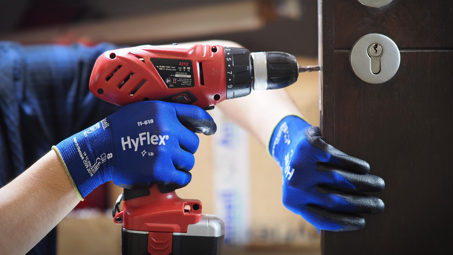 Ansell HyFlex 11-618 Ultra-Thin Industrial Safety Work Gloves for Auto, Machinery, Equipment, Fabrication - Size 10, Blue/Black (12 Pairs)