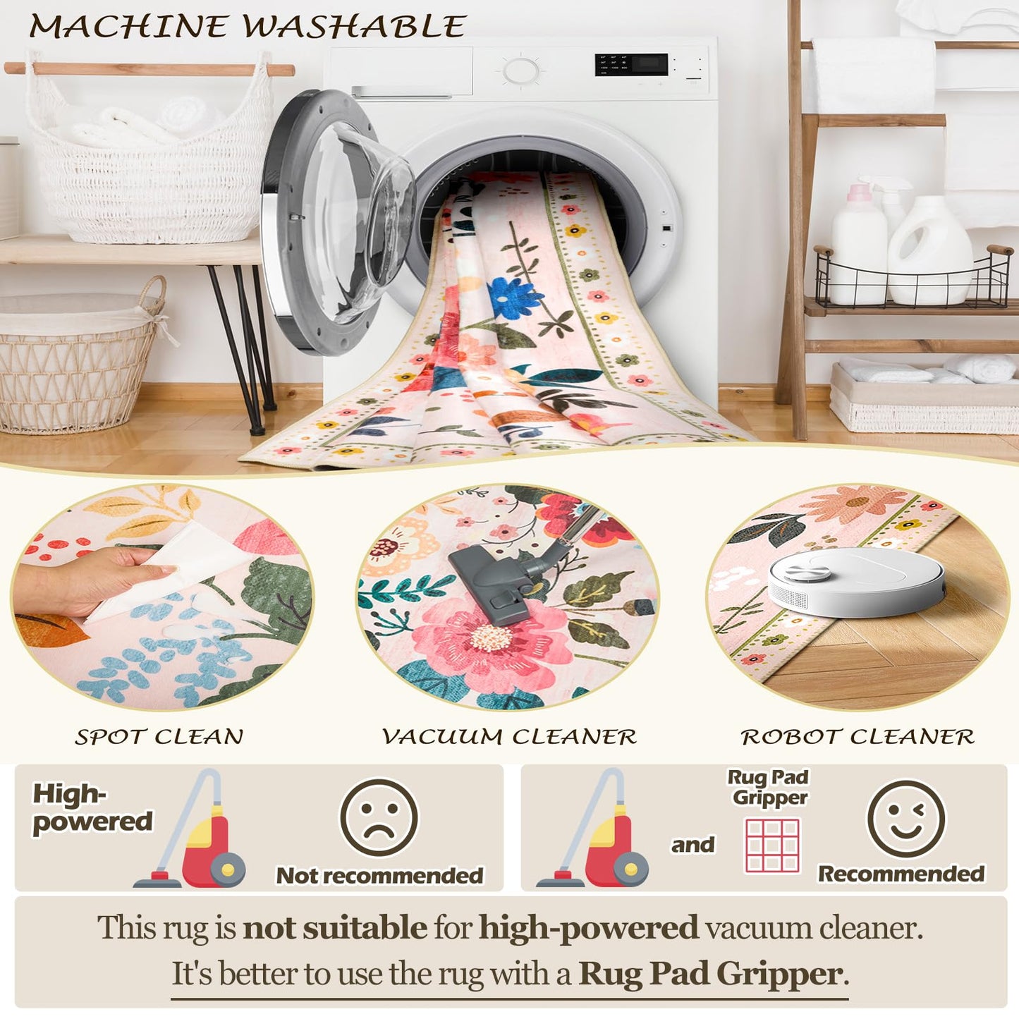 RELEANY Floral 5x7 Area Rug Machine Washable Soft Print Boho Carpet Non Slip Doormat Low Pile Flower Area Rugs for Living Room Bedroom Nursery Kitchen Dining Room Indoor-Pink