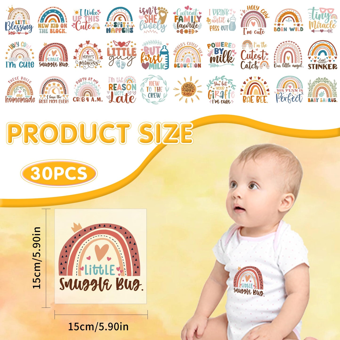 Boho Baby Iron on Transfers, 30 PCS Rainbow Onesie Decorating Kit Baby Shower, Inspirational Heat Transfer Stickers, Iron on Decals for T Shirts Hoodie Bibs Bodysuit Clothing DIY Crafts