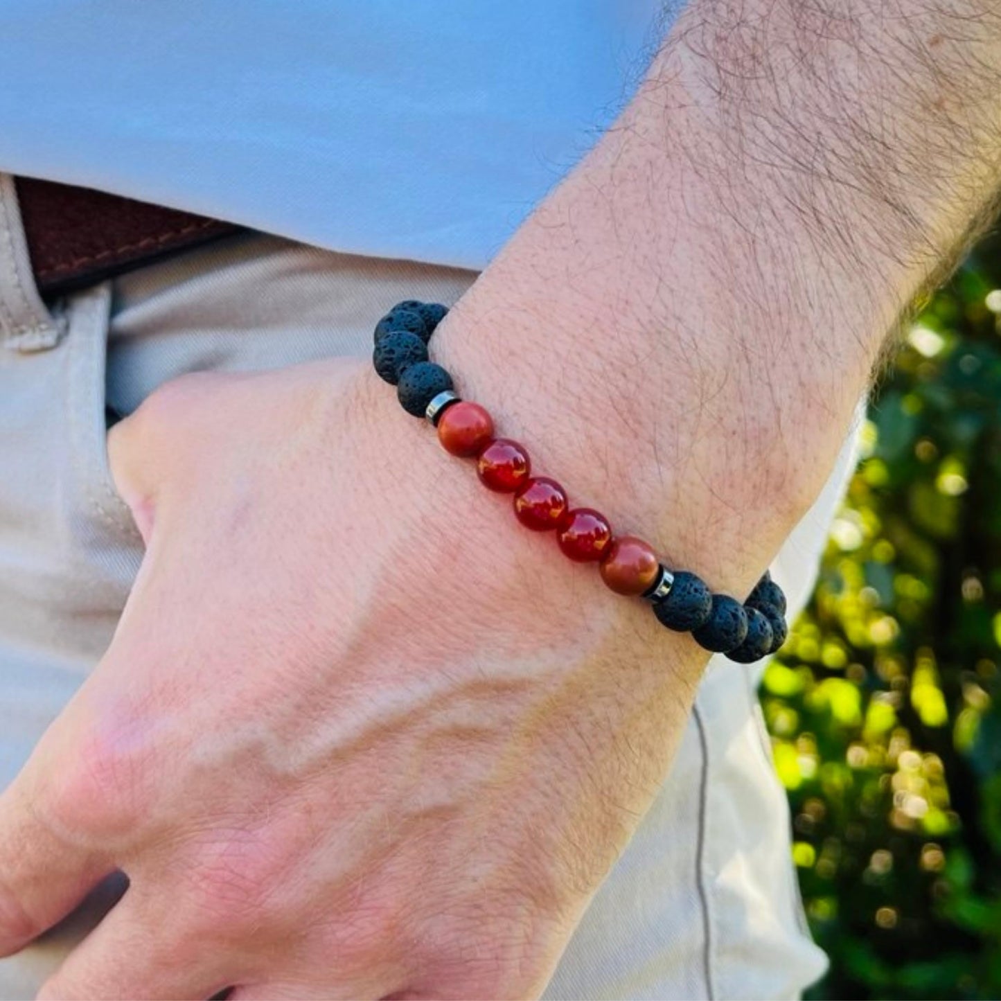 TEJO Natural Stone Beaded Bracelet – Handmade Energy Healing Bracelet for Men & Women, Yoga Chakra Jewelry Gift (Black & Red Natural Stone Bracelet – for Men, 8 inches)