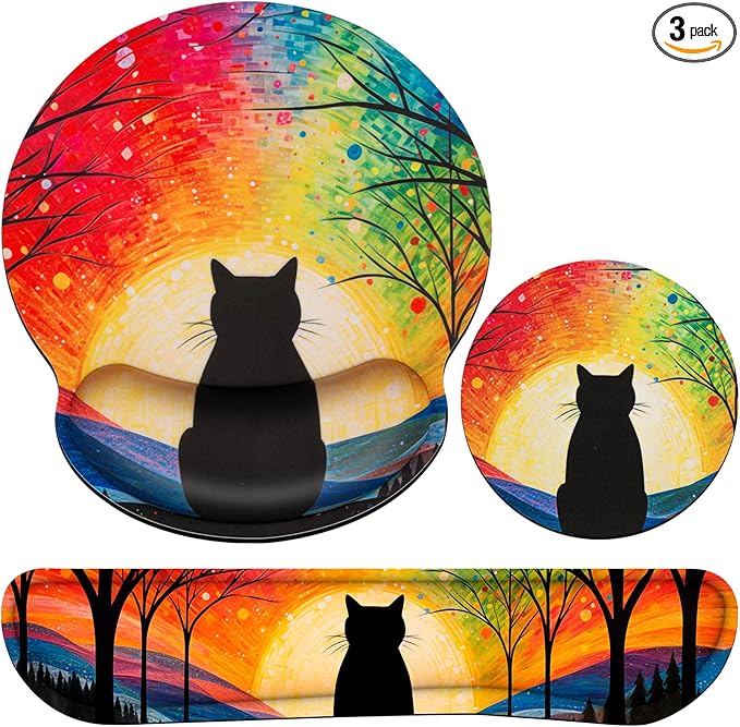 Mouse Pad with Wrist Rest Cute Black Cat Set,Qomolama 3-in-1 Wrist Support Mouse Pad Set,Gaming Mousepad with Anti-Skid Base,Ergonomic Mouse Pad,Memory Foam Keyboard Gel Wrist Rest Anime