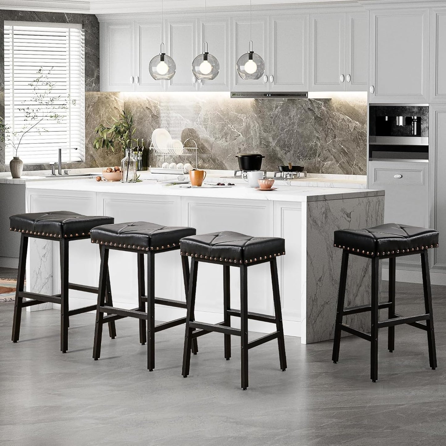 VECELO 25 inch Counter Height Stools for Kitchen Island, 3.3'' Thick PU Upholstered Saddle Seats, Backless Bar Chairs with Metal Base, Black