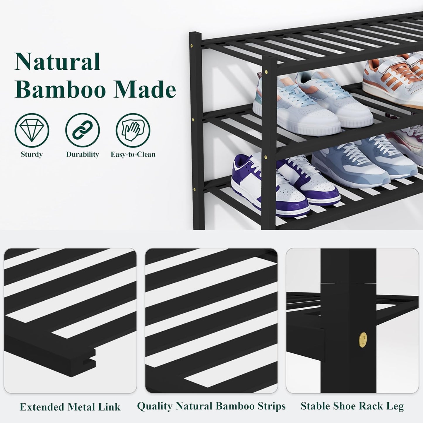 Smiry Shoe Rack, 2 Tier Thick Bamboo Shoe Organizer, Stackable Free Standing Wooden Shoe Storage Shelf for Closet, Entryway, Front Door Entrance, Black