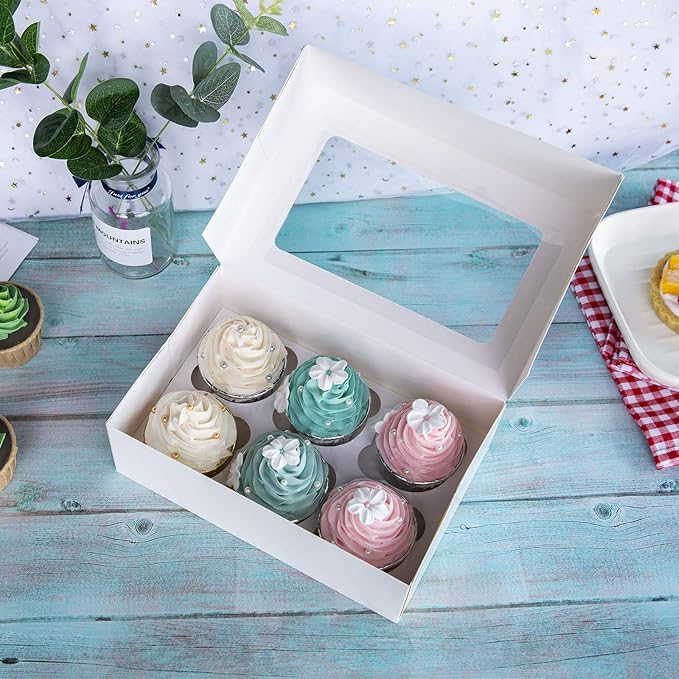 ONE MORE Cupcake Boxes with Inserts 6 Holders,9.5x6.3x3inch Large White Standard Bakery Boxes with Window Food Grade Cake Carrier Container for Muffins,Gift Treat Box Bulk,Pack of 15