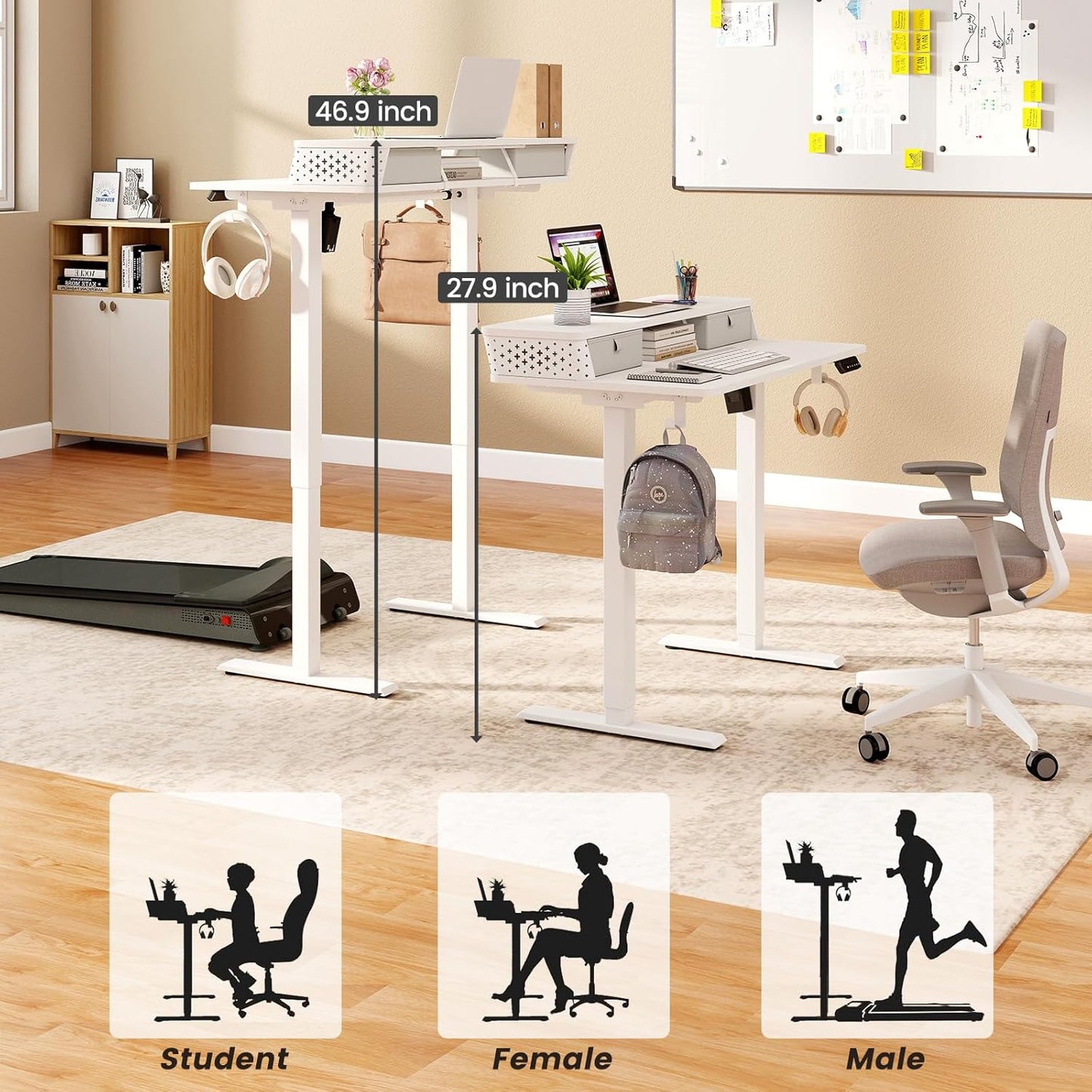 Small Standing Desk with Drawers and Brushless Motor,Electric Sit Stand Desk for Walking Pad,Ergonomic Stand Up Desk for Home Office & Gaming,3 Memory Height Preset & Hooks(40" x 24",White)
