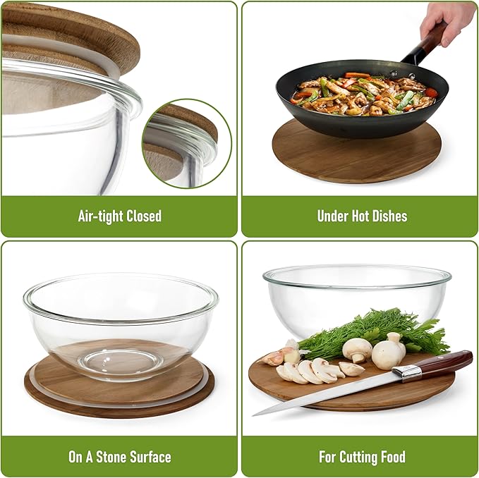Set of 5 Nesting Glass Bowls with New Updated Acacia Lids for Foodprep, Storage, Mixing & Cooking - Microwave & Oven-ready BPA Free Durable Heat Resistant Inert Borosilicate Glass